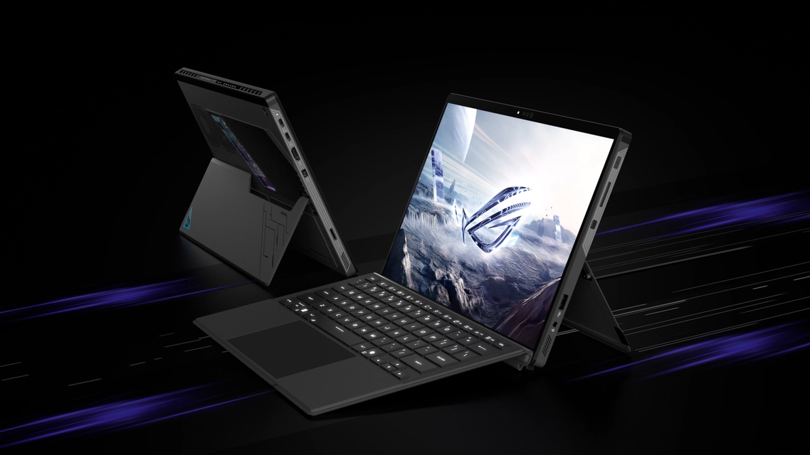 03_Two ROG Flow Z13 shown in front and back views, featuring a detachable keyboard and glowing accents in a dark setting